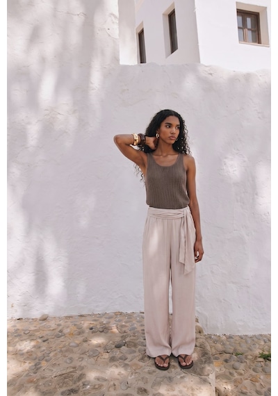 Sateen Kuşaklı Pantolon - Taş-137700
