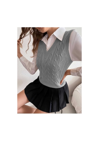 Youknitwear You Cameron %100 Pamuk V Yaka Kadın Süveter Gri