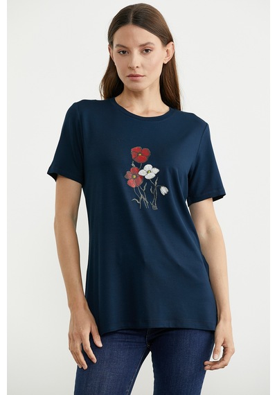 Çiçek Baskılı Dökümlü Tişört - Lacivert