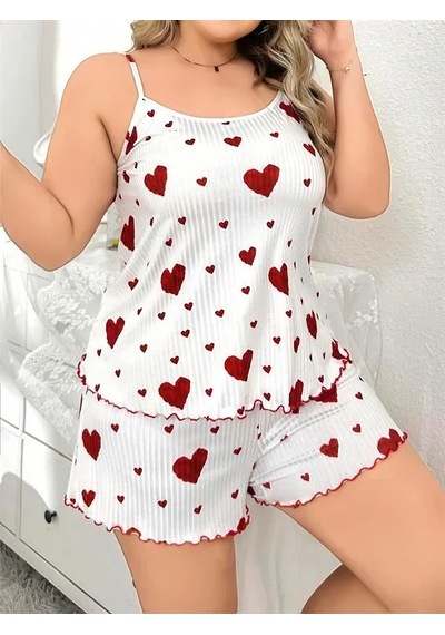 Veraura Lifestyle Büyük Beden Desen Pamuklu Şortlu Pijama Takımı Beyaz