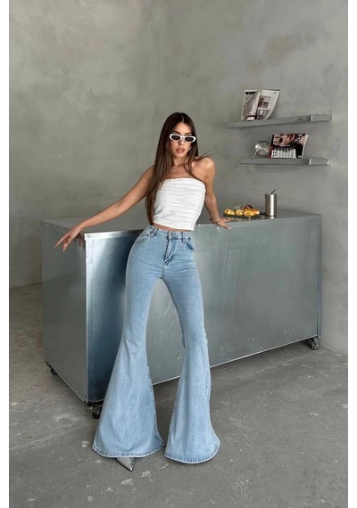Extra Geniş Paça Yüksek Bel Likralı İspanyol Jeans Buz Mavi