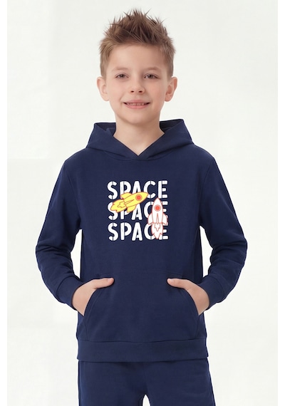 Fyk Kids Kanguru Cepli Kapüşonlu Baskı Detaylı Erkek Çocuk Sweatshirt Lacivert