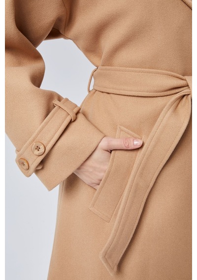 Camel Kuşaklı Uzun Oversize Yünlü Kaşe Kaban A