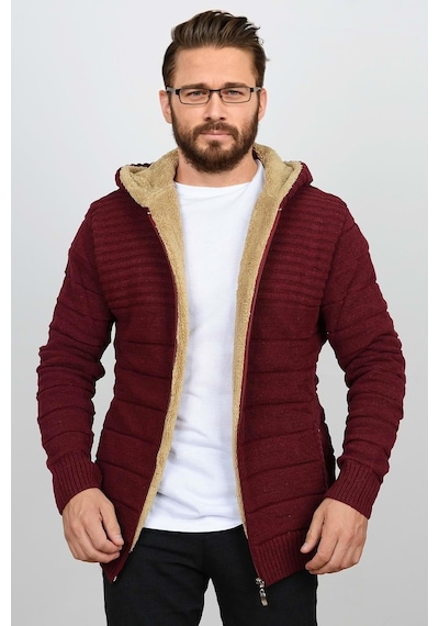 Edwox Erkek İçi Kürklü Kapüşonlu Fermuarlı Triko Hırka Bordo T743 Bordo