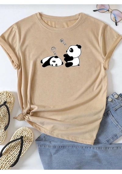 Kozia Outdoors Malkoçbey Sevimli Pandalar Baskılı T-şhirt Bej Bej