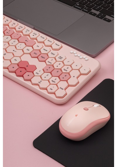 Petek Görünümlü Kablosuz Renkli Klavye Mouse Seti - Retro, Sessiz, Q Türkçe Dizayn Lazer