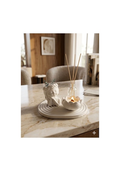 Dekoratif Kız Biblo Tealight Mumluk Ve Bambu Çubuklu Oda Kokusu Seti Ev Dekoru Masa Üstü Aksesuarı