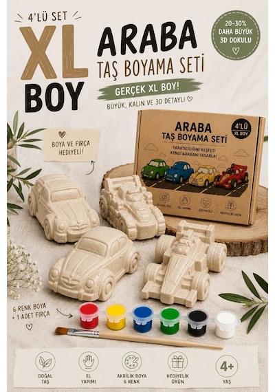 3d Araba 4'lü Taş Boyama Seti 4'lü Figür, 6 Renk Boya Ve 1 Fırça Çocuklar Ve Çiftler Aktiviteçocuk Gelişimi Boyama Etkinlik Seti Zoo Painting