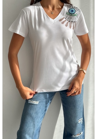 Femelle Kadın Beyaz V Yaka Omzu Nakış Ve Pul Payet İşlemeli %100 Pamuk T-shirt