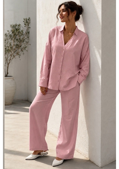 Madmext Pembe V Yaka Çizgili Gömlek Pantolon Takım Mg2852