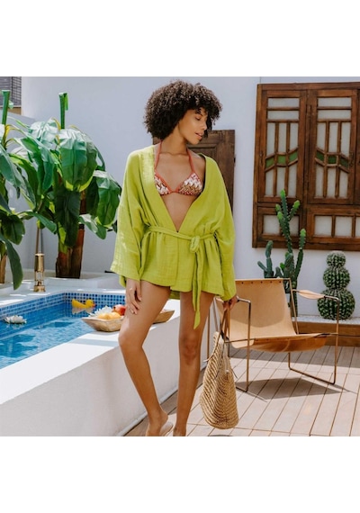 Miespiga Pamuklu Dokuma Beli Kuşaklı Mini Kadın Kimono Kaftan - Standart Yeşil