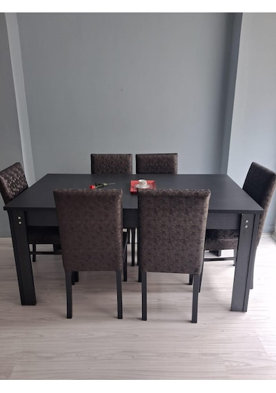 Masa Sandalye Sarmaşık 90657 Siyah Masa Suni Deri Döşeme 6 Adet Sandalye Siyah
