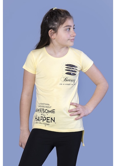 Toontoy Kids Toontoy Kız Çocuk T-shirt Göğsü Lazer Kesim Taşlı Sarı