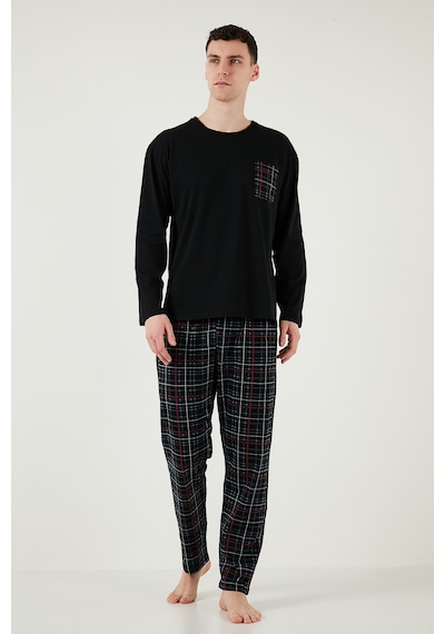 Buratti Ekoseli Cepli Beli Lastikli % 100 Pamuk Regular Fit Erkek Pijama Takımı 6572001 Siyah-Füme