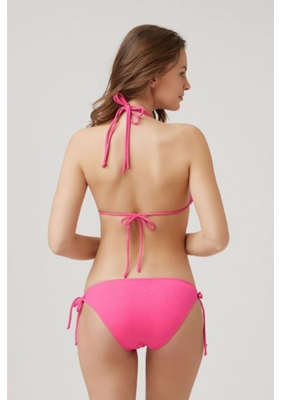 Kom Boyundan Bağlamalı Çıkarılabilir İnce Kaplı Fabyos İpli Dokulu Üçgen Bikini Neon Pembe