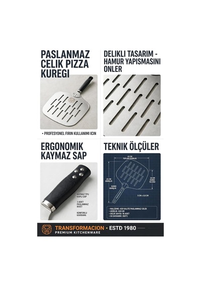 Delikli Pizza Küreği 18/10 Çelik 25x24 Cm Kısa Saplı Ev Tipi Taş Fırın Pizza Pateli 723461 Diğer