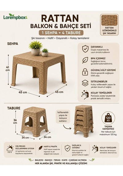 Lorempbox Rattan Balkon & Bahçe Seti 5 Parça 1 Sehpa + 4 Tabure Bej Diğer