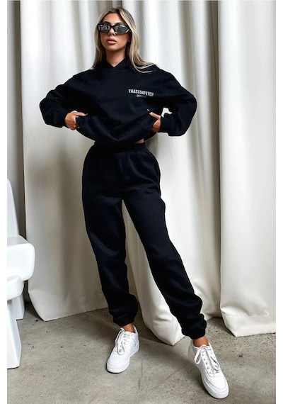 Siyah Fetch Series 6 Eşofman Takımı - Baskılı Oversize Kapüşonlu Siyah