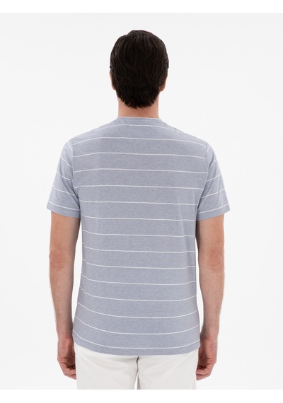 Beyaz Regular Fit Bisiklet Yaka Çizgili T-shirt Mavi