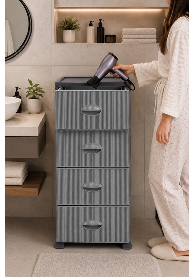 Porsima 0704-1 4 Katlı Still Komodin Antrasit/gri Çekmeceli Sebzelik-oyuncak Sepeti-çok Amaçlı Plastik Organizer