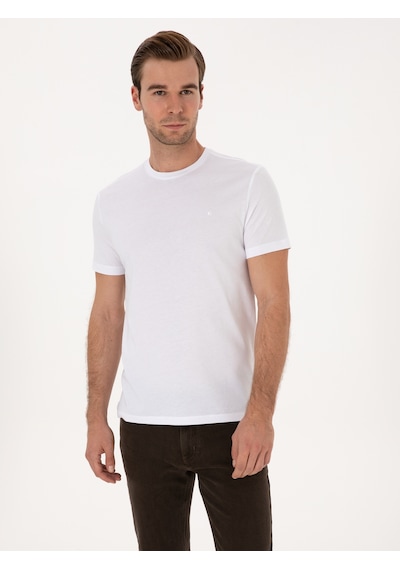 Beyaz Slim Fit %100 Pamuk Bisiklet Yaka Basic T-shirt
