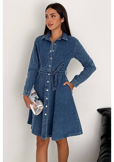 Noa & Noa Kadın Kuşaklı Düğmeli Denim Elbise Timeless Fit Mavi