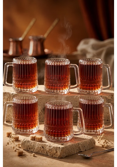 6 Lı Cam Kulplu Çizgili Çay Bardağı Bardak Kupa 150ml Şeffaf