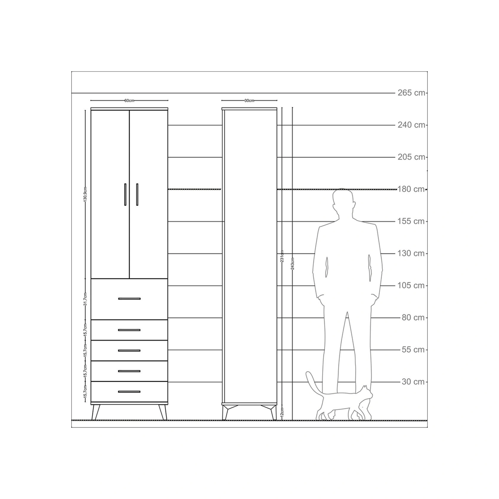 Arges Dolap 4 Raflı 5 Çekmeceli 2 Kapaklı 60x30x243 Çam-aytaşı Çam