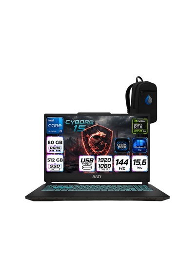 MSI Cyborg 15 A13VE-1252XTRRNP25 Core i5-13420H 80 GB 512 GB SSD 6 GB RTX4050 15.6" FHD W11P Dizüstü Bilgisayar + Çanta