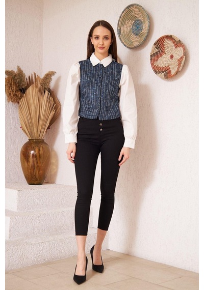 Darlin Moda Mavi Tüvit Garnili Uzun Kollu Gömlek Dm9001 Mavi