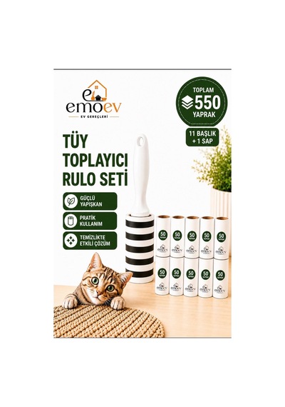 Tüy Toplayıcı Rulo Seti Mega Boy 11 Başlık / Toplam 550 Yaprak - Yüksek Yapışkanlı Kedi Köpek Tüyü, Koltuk Ve Kıyafet Temizleme Rulosu