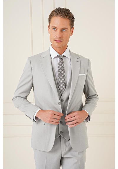 Efor Slim Fit Dokulu Çift Yırtmaç Yelekli Klasik Gri Takım Elbise Tk 898 Gri