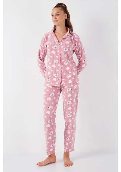 Lela Standart Fit Düğmeli Polarlı Bayan Pijama Takımı 6095617 Pudra