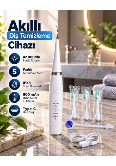 Sonic Titreşimli Akıllı Diş Temizleme Cihazı Type C Şarjlı 5 Kademeli Temizleme Sistemi - Lisinya