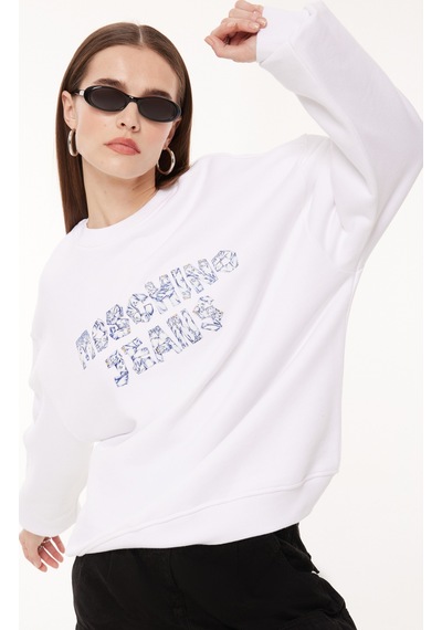 Moschino Jeans Bisiklet Yaka Baskılı Beyaz Kadın Sweatshırt A1703