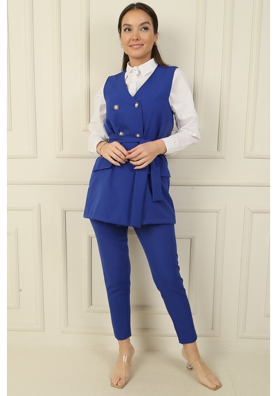 By Saygı 6 Düğmeli Sahte Cepli Kuşaklı Yelek Beli Lastikli Dar Paça Pantolon 2'li Takım Saks By Saygı 6 Düğmeli Sahte Cepli Kuşaklı Yelek Beli Lastikli Dar Paça Pantolon 2'li Takım Saks
