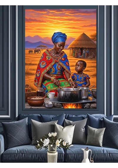Ahşap Tablo Afrikalı Kadın Yemek Yapıyor