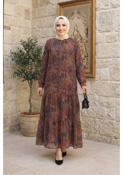 Hb Harma Time Butik Kadın İçi Şardonlu Desenli Kahverengi Şifon Elbise Hb Harma Time Butik Kadın İçi Şardonlu Desenli Kahverengi Şifon Elbise
