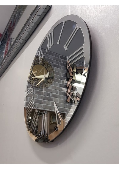 Ayna Denizi Silver Jet Smoked Model Gümüş Füme Renk 50 CM Dekoratif Aynalı Duvar Saati Gümüş