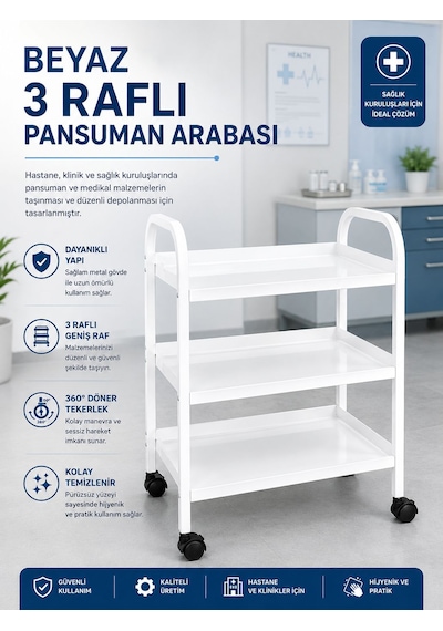 3 Katlı Beyaz Pansuman Ve Cihaz Arabası