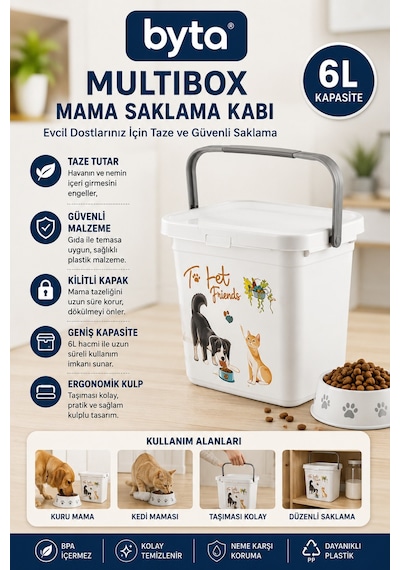 6 Litre Kulplu Mama Saklama Kabı Kapaklı Kedi Köpek Kuru Mama Saklama Kutusu