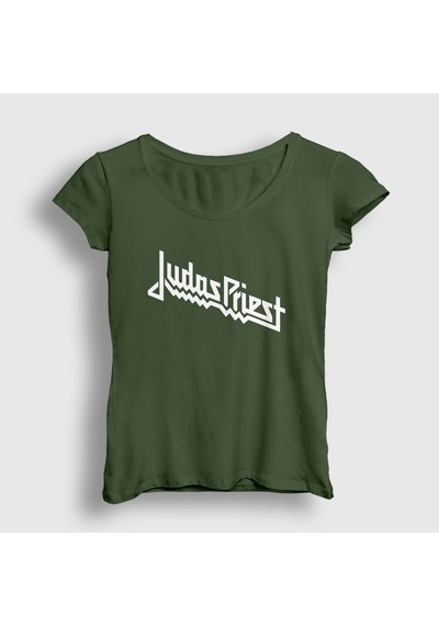 Presmono Kadın Logo Judas Priest T-shirt Haki
