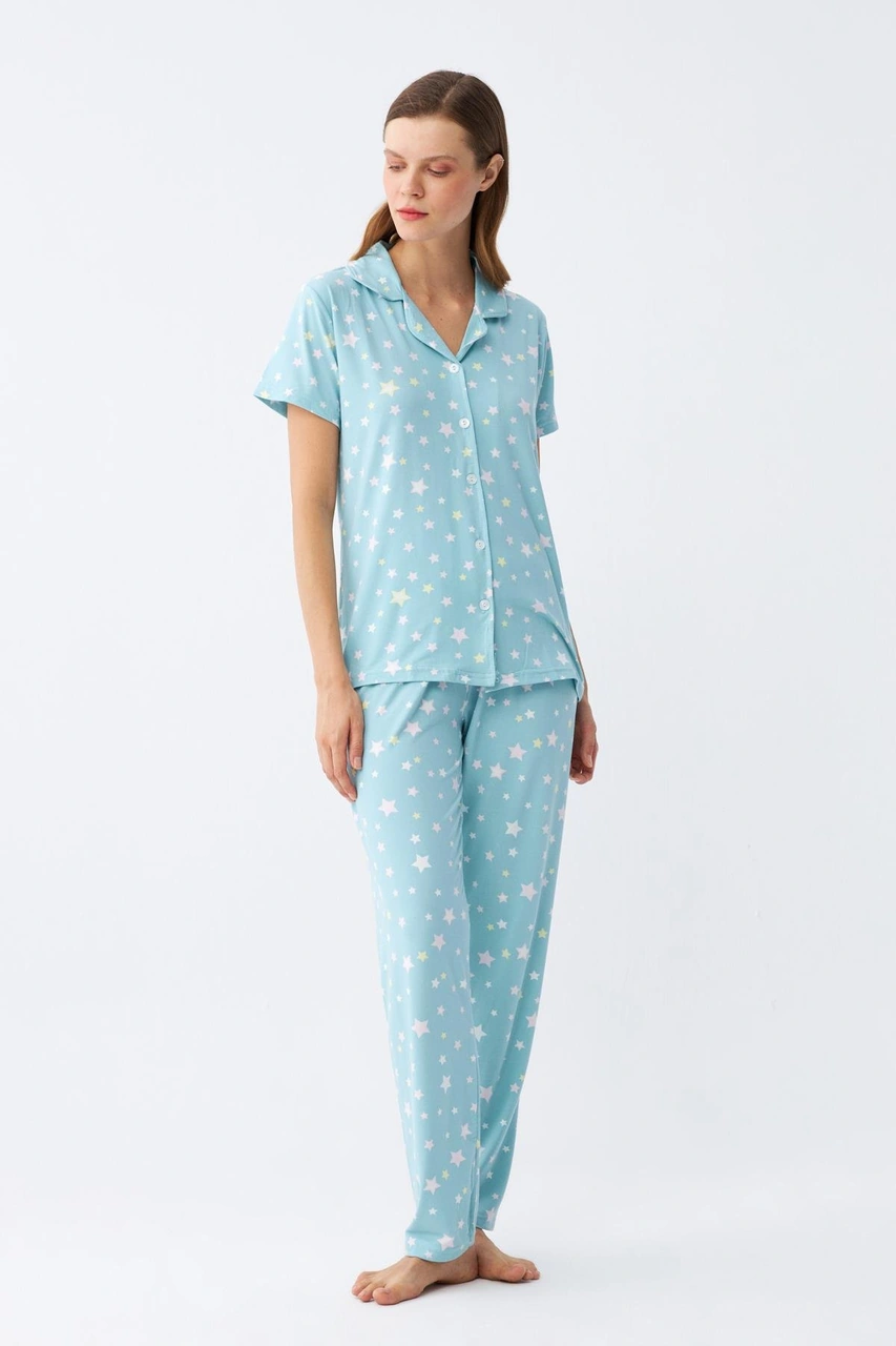 Akbeniz Kadın Buz Mavisi Yıldız Desenli Önden Düğmeli Pijama Takımı Buz Mavisi