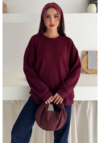 Femelle Bordo Modal Kumaş Basic Sweatshirt