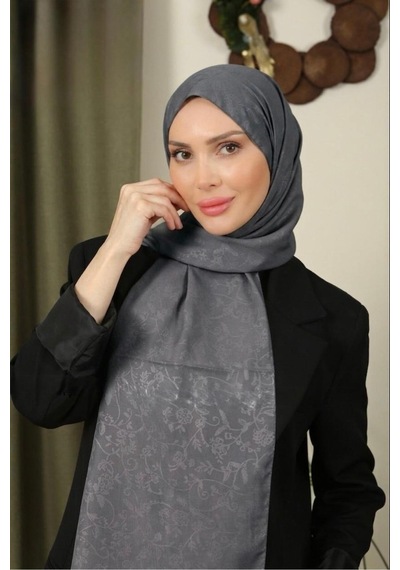 Flora Tekstil Çiçekli Desen İnce Medine İpeği Jakar Şal Füme