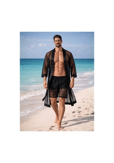 Qmen Style Erkek Kimono Takımı - 3 Lü File Set Bornoz + Pantolon + Şort Siyah