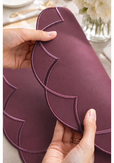 Nakışlı Deri Amerikan Servis 2'li Set Çift Taraflı Yuvarlak Supla 40x40 Cm Vance Bordo
