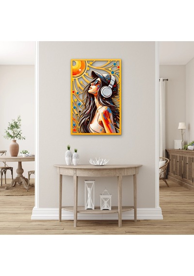Kulaklıklı Güneşe Bakan Kadın Metal Tablo 33x50 Cm Çok Renkli