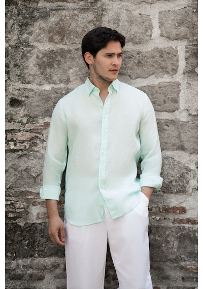 Paul Martin Regular Fit Gizli Düğmeli Yaka %100 Linen Ham Keten Gömlek Mint