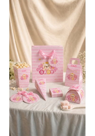 Hoşgeldin Bebeğim Hediyelik Seti, Pembe, Ayıcıklı Baby Shower&doğum Günü İkram Seti, 7 Ürün-48 Parça